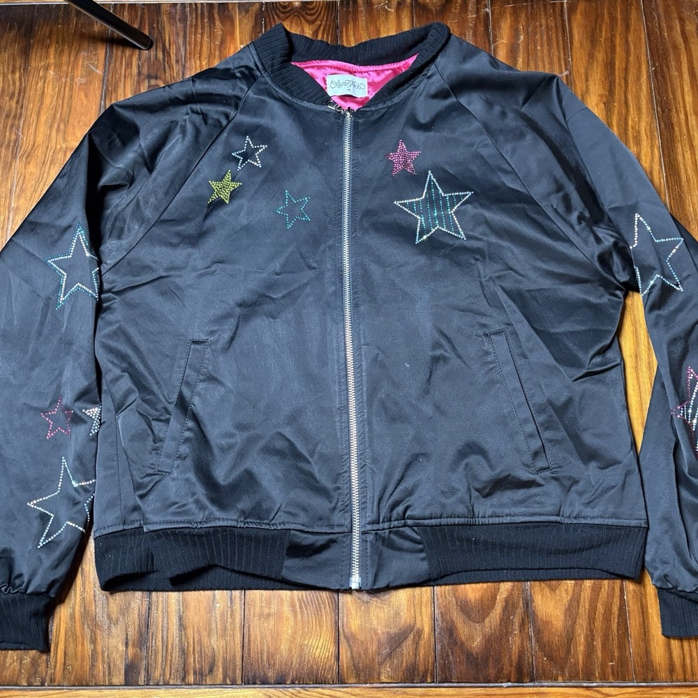 Lauren Moshi Star Crystal Embellished Black Bomber Satin Jacket Sz M A3213